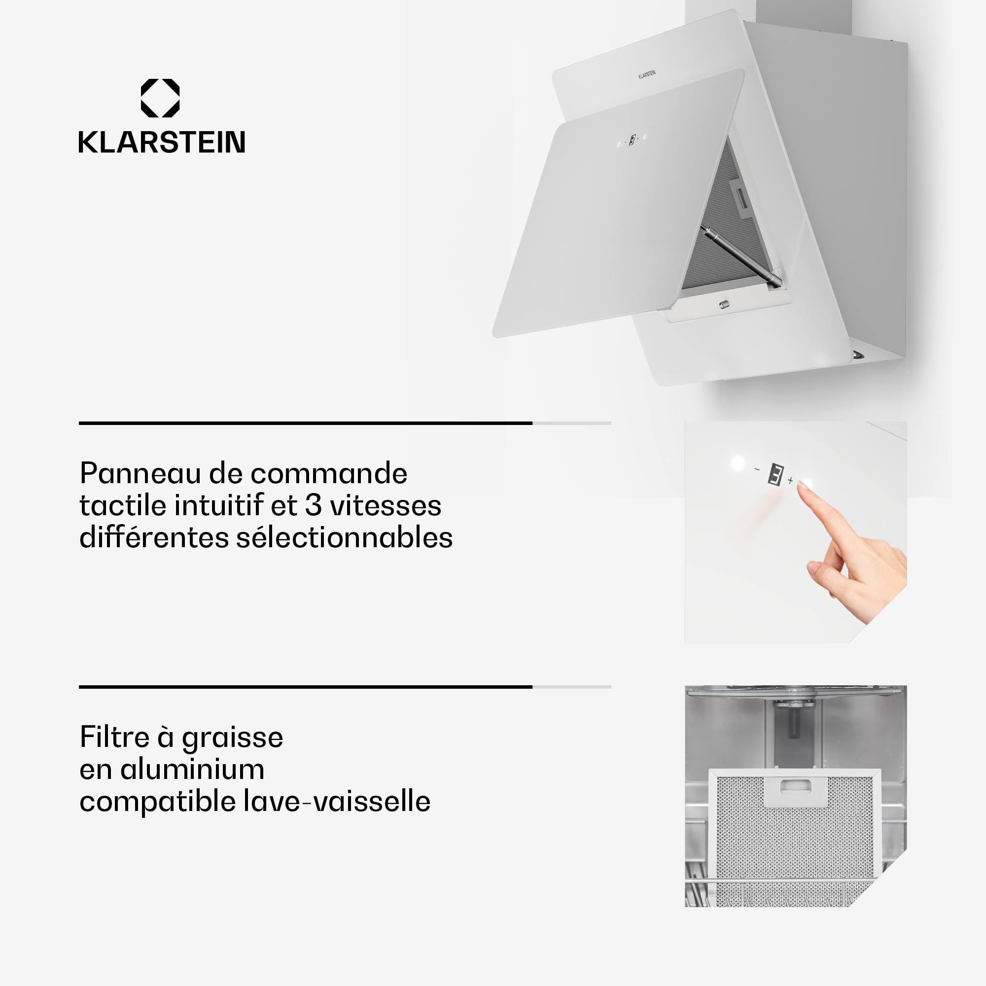 Klarstein Hotte Aspirante 60cm, Hottes de Cuisine Inclinées, Filtre de Hotte en Aluminium, Débit d'Air Puissant 607m³/h, LED, Ecran Tactile, Extracteur d'Air Silencieux, Efficace avec Evacuation