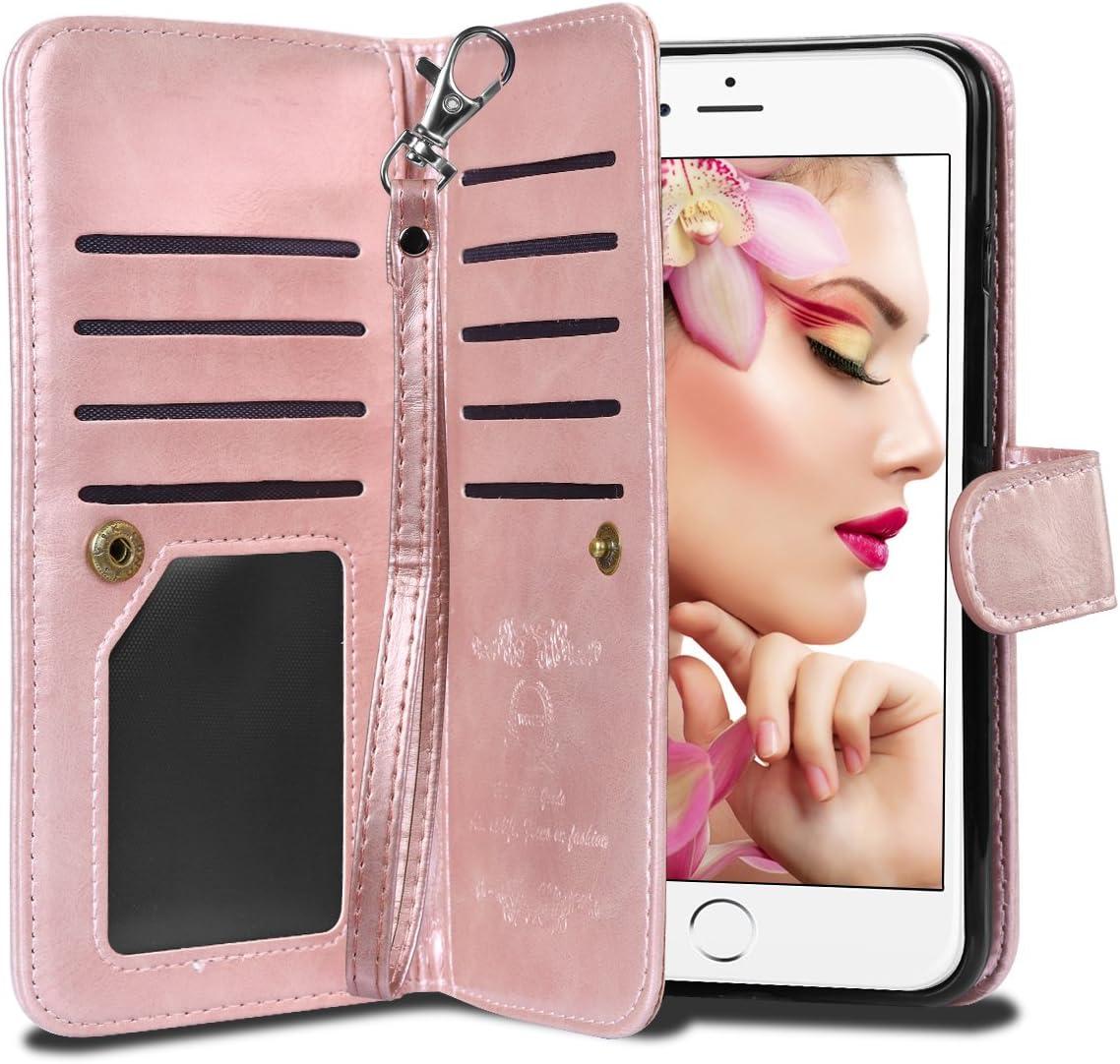 Vofolen 2-in-1 Case for iPhone 6S Plus Case iPhone 6 Plus Wallet Card Holder Detachable Flip Cover Magnetic Folio PU Leather Protective Slim Shell with Wrist Strap for iPhone 6 Plus 6S Plus -Rose Gold
