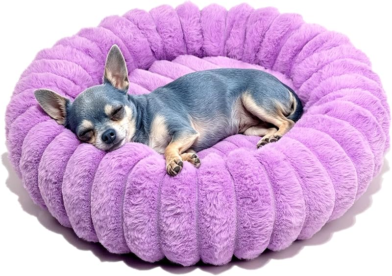 Cama Redonda para Gatos e Cães Pequenos com Pelúcia Macia, Base Antiderrapante Roxa 40,64 cm