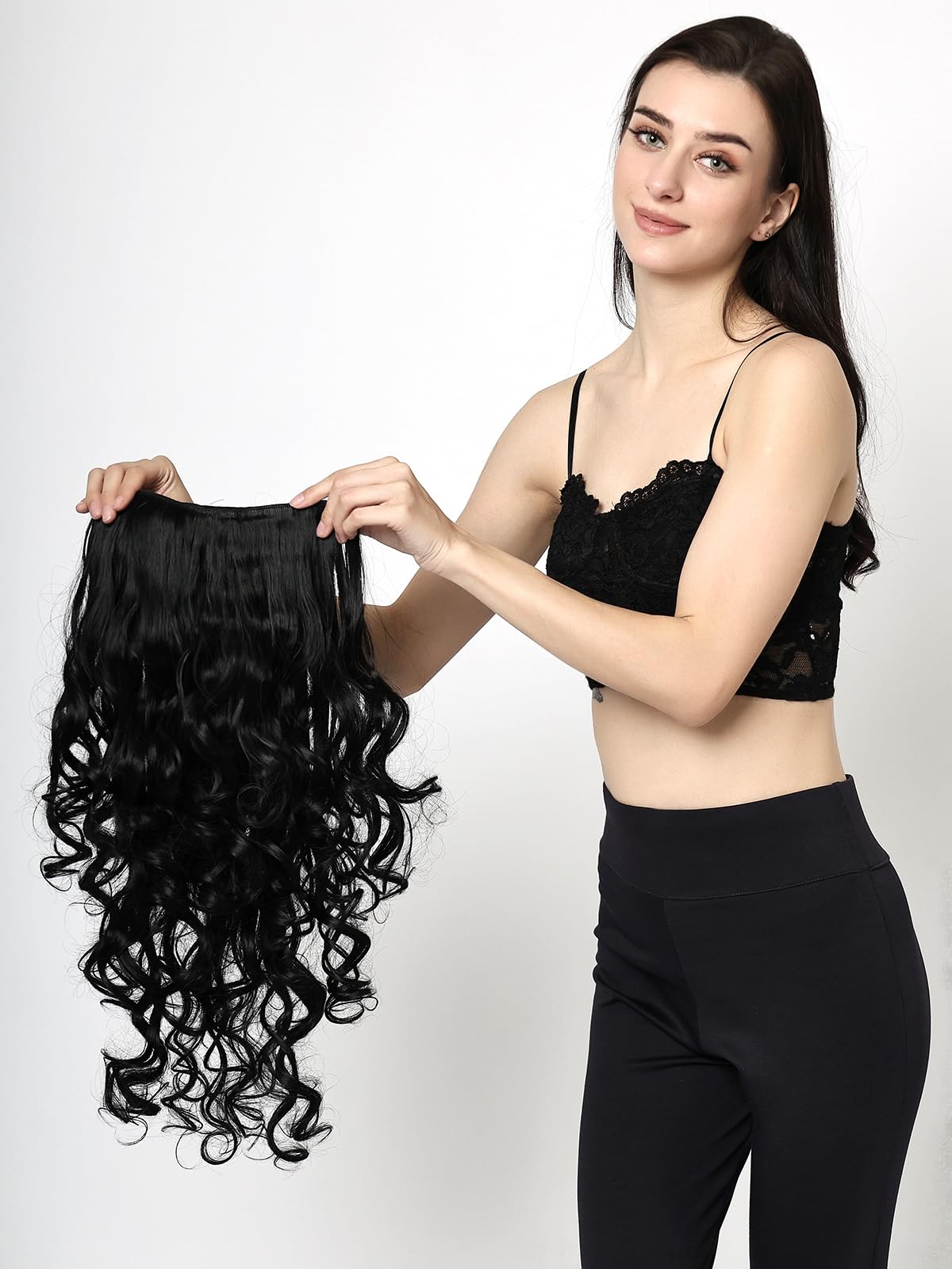 DELUXE HAIR 5 Clips based Curly/Wavy Matte Finish Hair Extensions | Instant Volume and Length Clip In Volumizer for Women and Girls | 24 Inches Hair Length (BLACK)-image-17