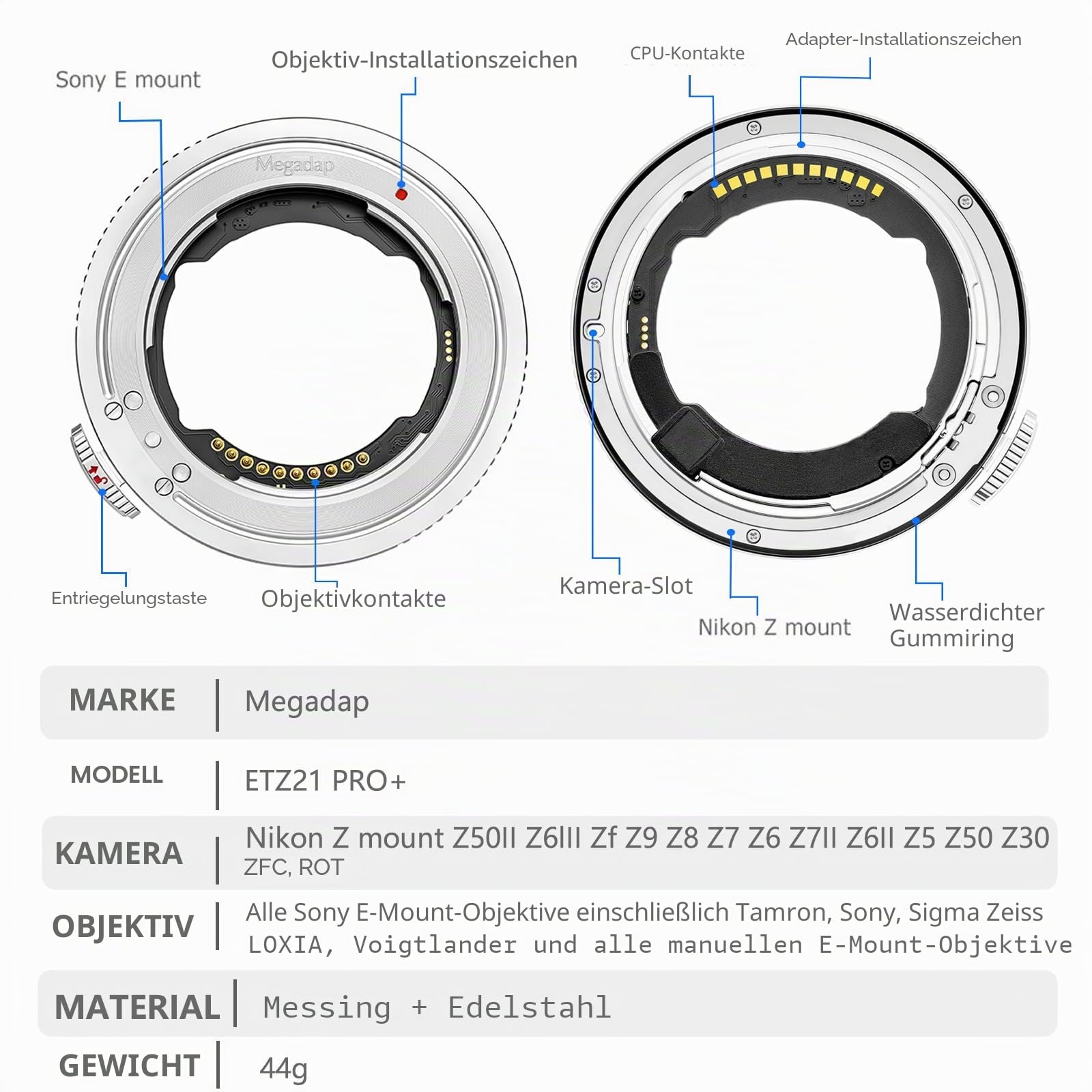 Megadap ETZ21 PRO+ Autofokus-Objektivadapter – Kompatibel mit Nikon Z Kameras ZR Zf Z6III Z5II Z9 Z8 Z7II Z7 Z6II Z6 Z5 Z50II Z50 Z30 für Sony FE, Sigma und Tamron FE Objektive