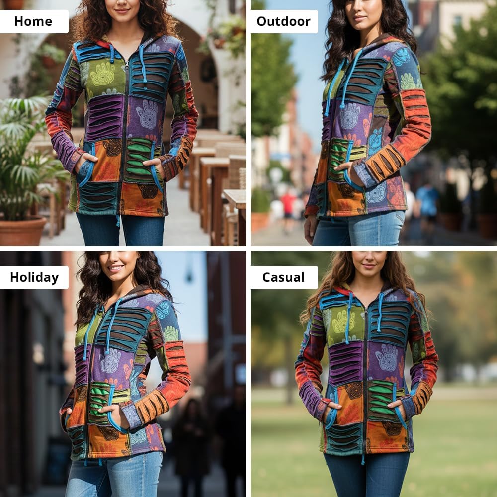 Shopoholic Fashion Women's Henna Hand Pixie Hippie Rib Comfort Hoodie – Boho Zip-Up Hoodie for Women - Image 2