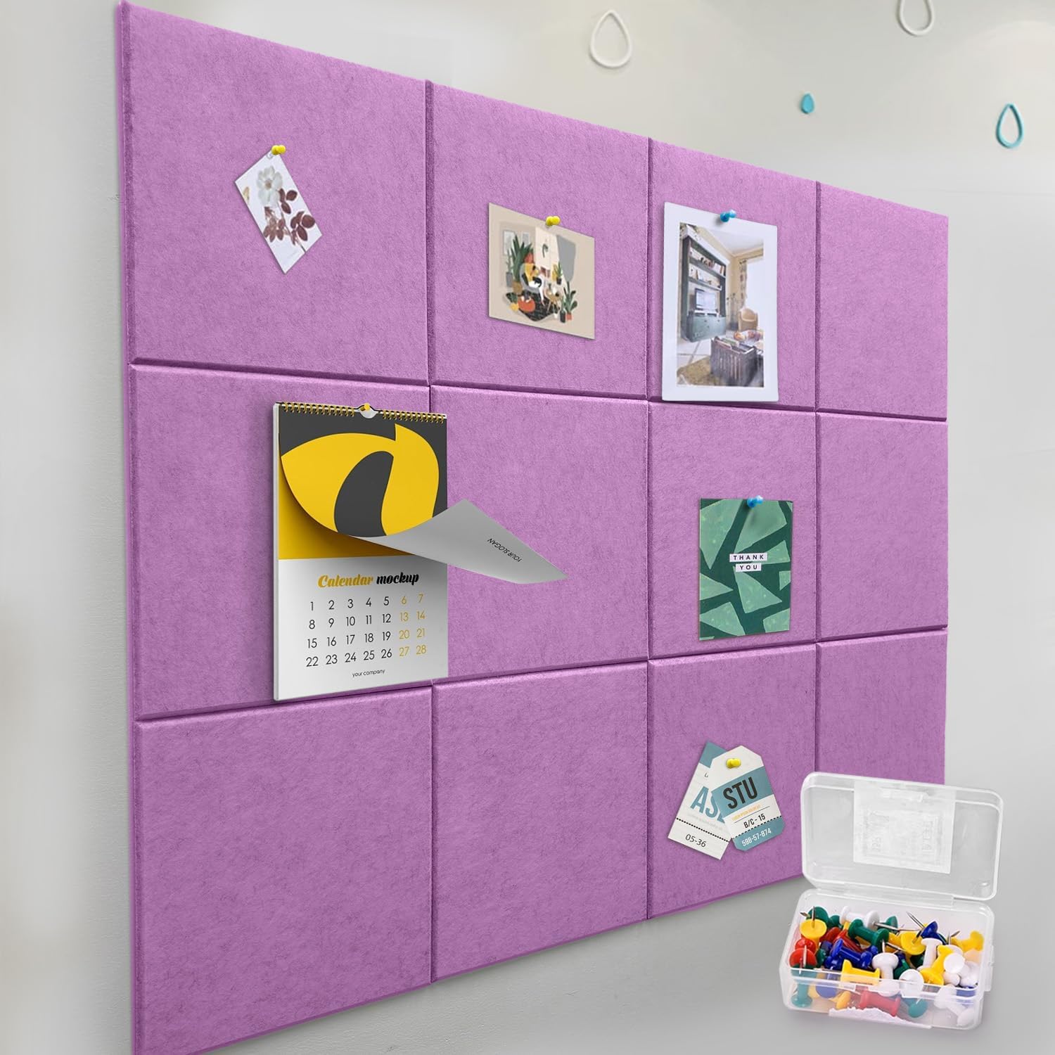 Felt Wall Tiles Bulletin Board with Removable Adhesive, 47"x35" Rose Purple Cork Board Alternative with 40 Push Pins, 12 Pack Large Office Cork Tile Push Board Felt Squares for Walls