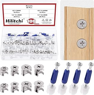 Hilitchi 100Pcs 3-in-1 Furniture Cam Lock Nut Connectors Fittings with Dowels, Eccentric Bolt Wheels Furniture Connecting Fastener Cabinet Connectors Hardware (15x13/15x11.8/12x11.3/12x12.2mm)