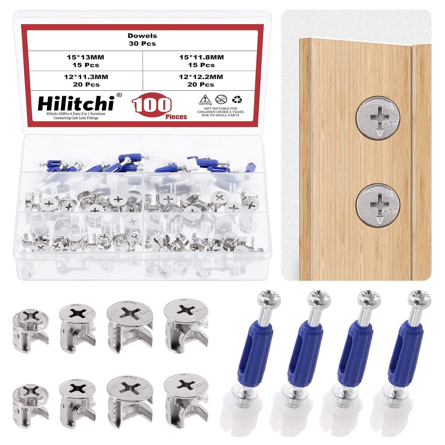 Hilitchi 100Pcs 3-in-1 Furniture Cam Lock Nut Connectors Fittings with Dowels, Eccentric Bolt Wheels Furniture Connecting Fastener Cabinet Connectors Hardware (15x13/15x11.8/12x11.3/12x12.2mm)
