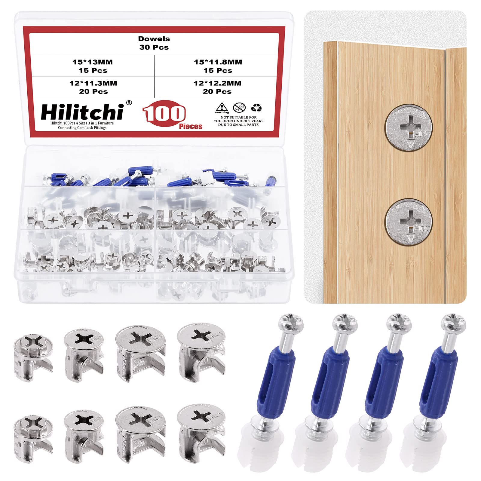 Hilitchi 100Pcs 3-in-1 Furniture Cam Lock Nut Connectors Fittings with Dowels, Eccentric Bolt Wheels Furniture Connecting Fastener Cabinet Connectors Hardware (15x13/15x11.8/12x11.3/12x12.2mm)