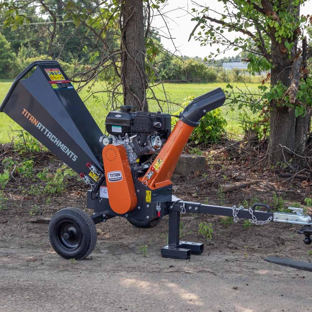 Titan Attachments 420cc 5in Diameter Tow-Behind Wood Chipper Shredder, 13.5HP Engine, Electric Start