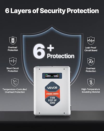 Miniatura 4 de VEVOR Convertidor de Voltaje Elevador, 2000VA, Convertidor de Potencia de Voltaje Resistente, Transformador de Potencia de 110V a 220V, con 2