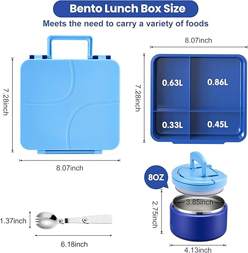 Miniatura 6 de Lonchera Bento para niños con termo de sopa de 8 onzas, recipientes de comida a prueba de fugas para niños con 4 compartimentos, tarro térmico