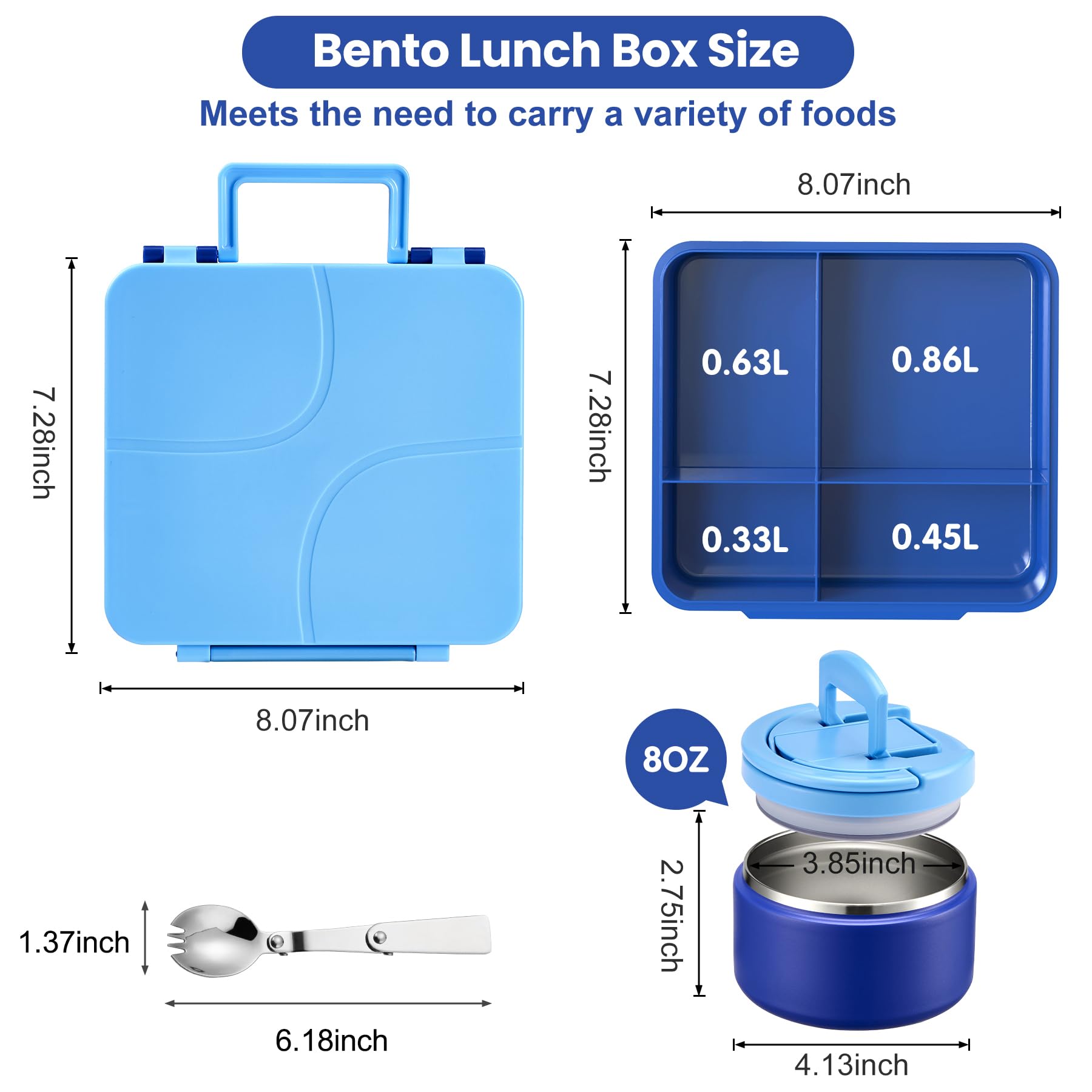 Lonchera Bento para niños con termo de sopa de 8 onzas, recipientes de comida a prueba de fugas para niños con 4 compartimentos, tarro térmico térmico para alimentos calientes para niños, para la 5
