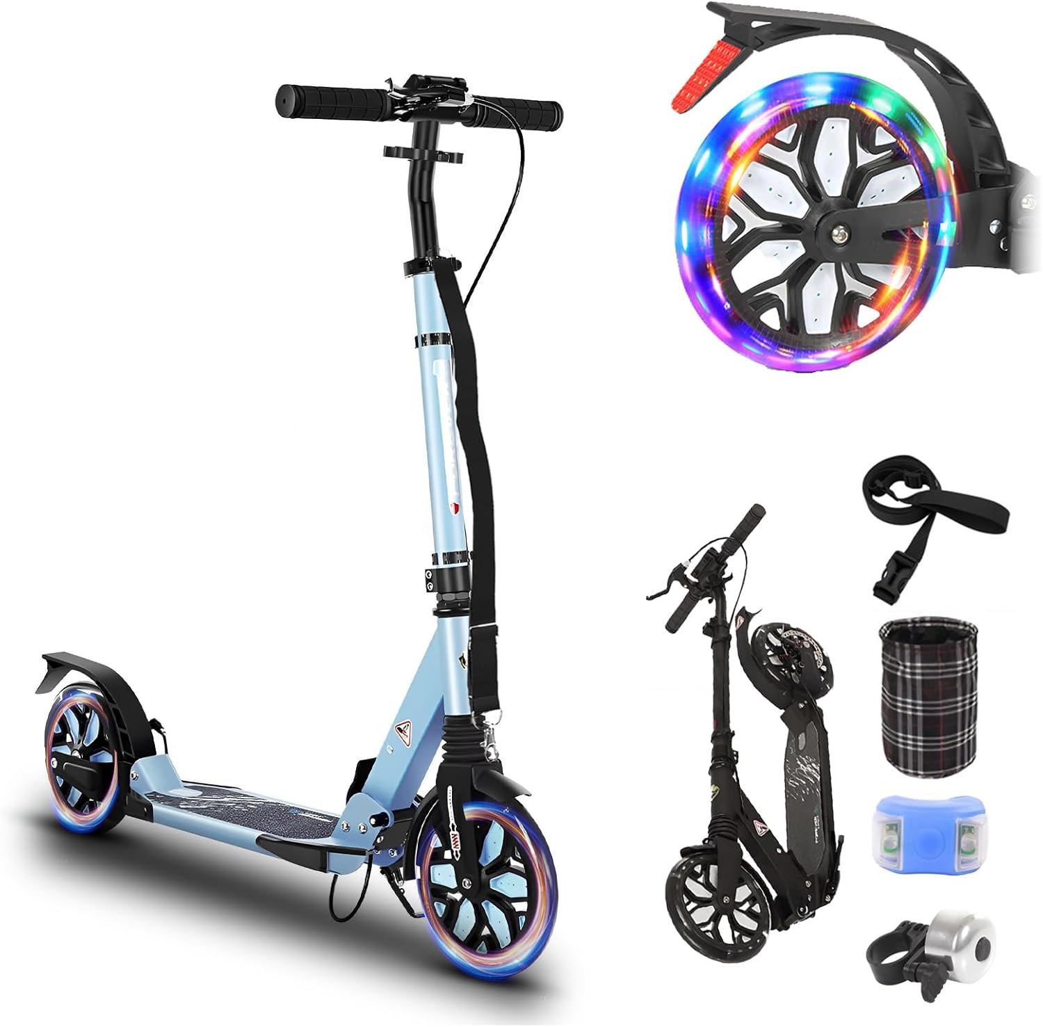 Adult Scooter 300 lbs Capacity, LED Big Wheels Scooters with Hand Brake & Shock Absorptio Sport Folding Kick Scooter for Kids 10 Years and up, 4 Adjustable Levels, Bearing ABEC 9