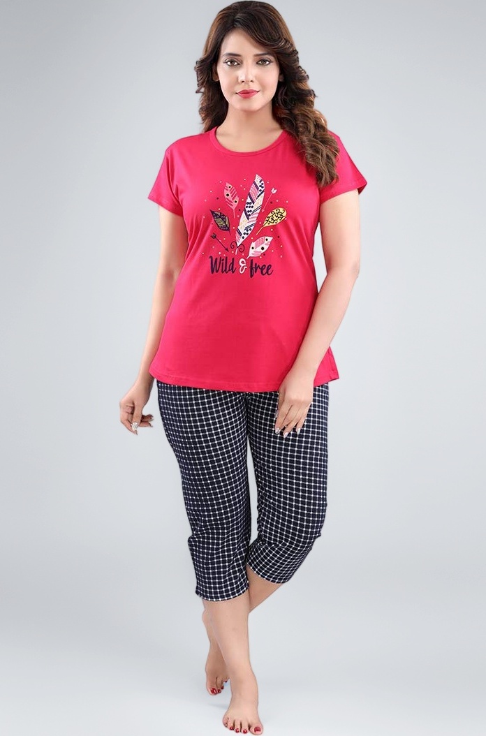 Women's Night Suit Set for Women, Lounge Wear, Printed Top and Capri Set for Women Nightwear/Loungewear/Night Dress for Women Knitted T-Shirt - Capri