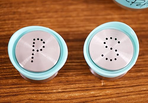 Miniatura 5 de Juego de salero y pimentero de acero inoxidable y vidrio con soporte (azul)