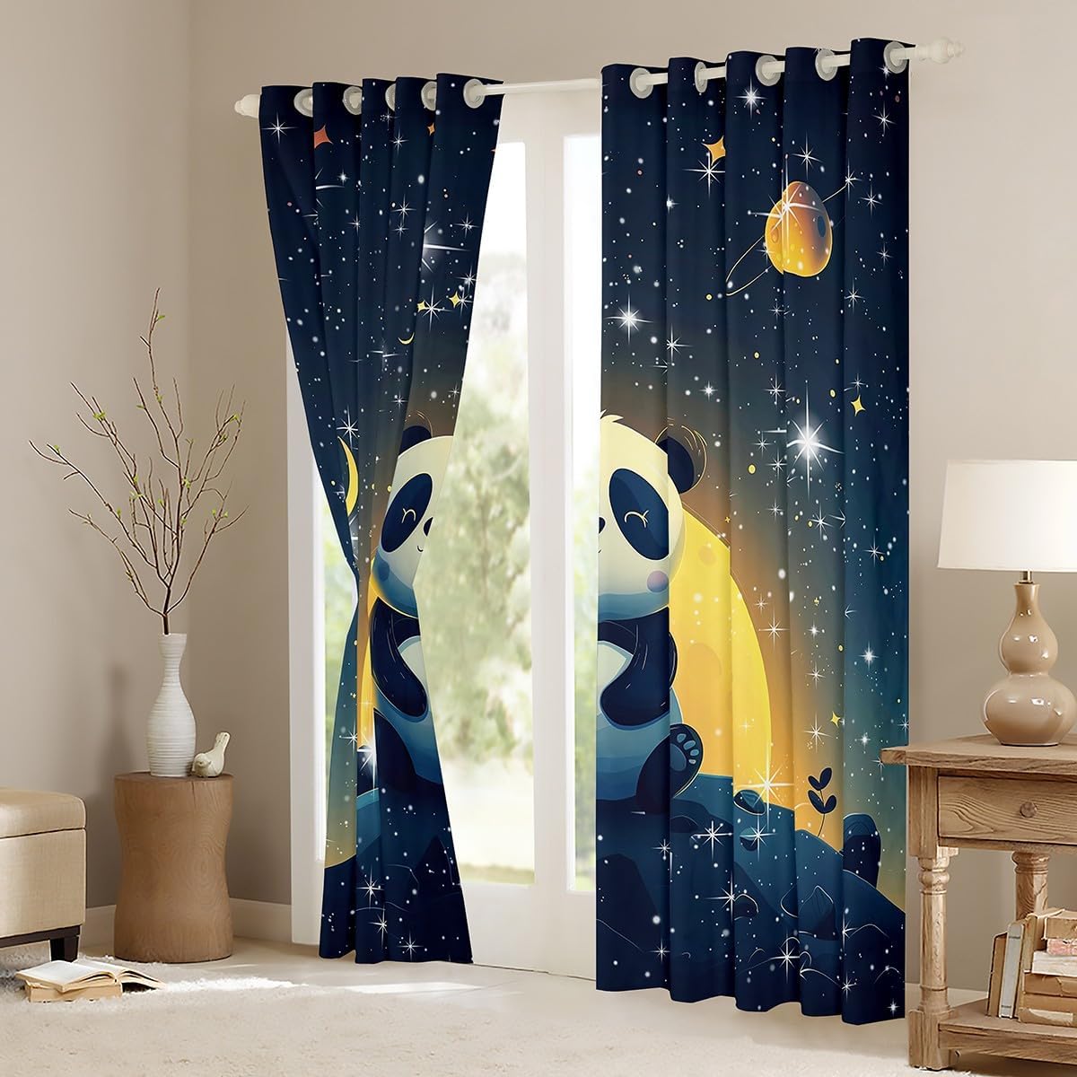 Erosebridal Panda Curtains & Drapes for Kids Boys Girls Cute Space Panda Blackout Curtains 38" Wx45 L Galaxy Sun Moon Window Curtains Starry Sky Animal Window Treatments 2 Panels Cartoon Room Decor