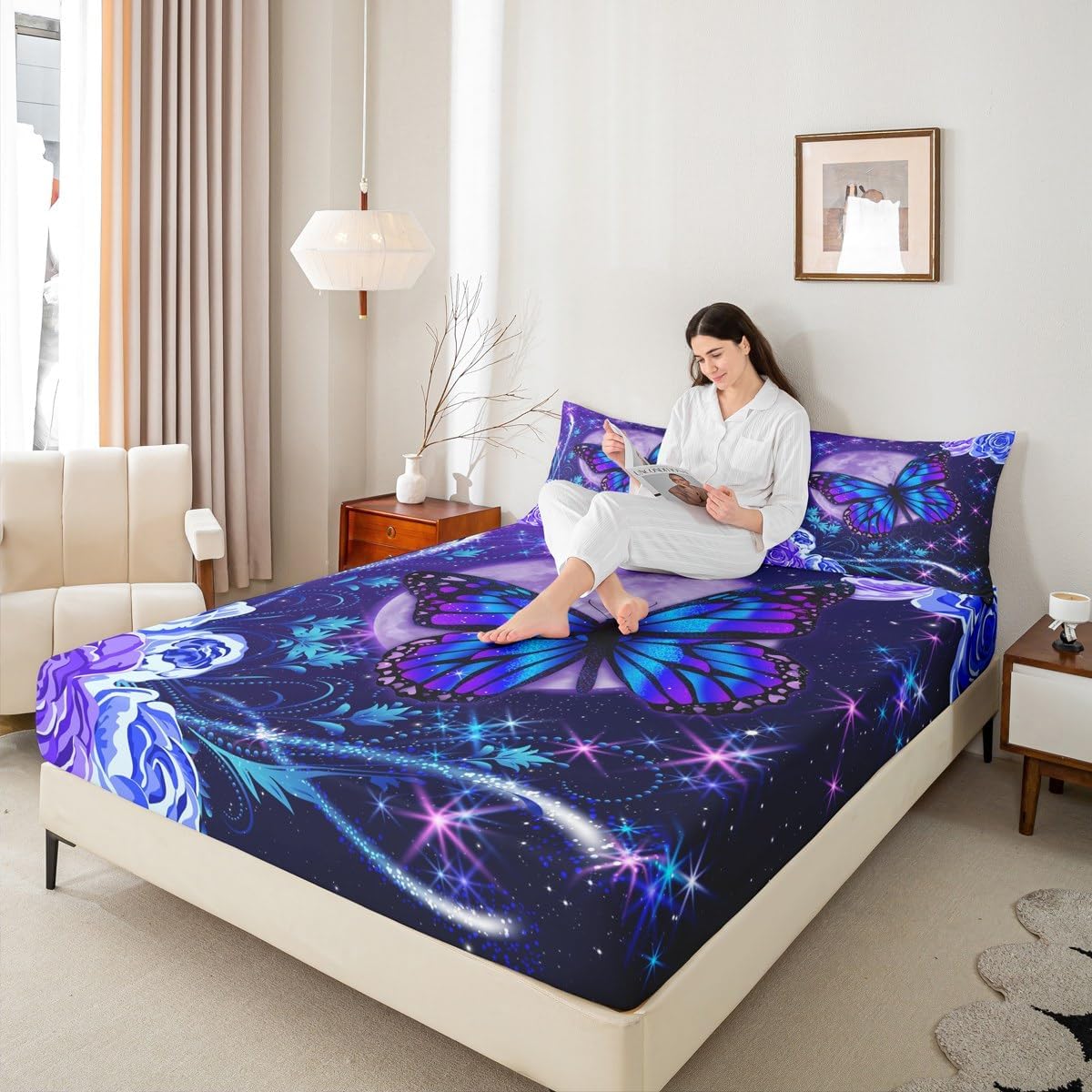 Galaxy Fitted Sheet Full Size,Purple Blue Dreamy 3D Butterfly Bedding Set,Glitter Starry Moon Bed Sheets 3 Pieces (No Flat Sheet),Watercolor Flowers Leaves Deep Pocket Sheet,2 Pillowcases