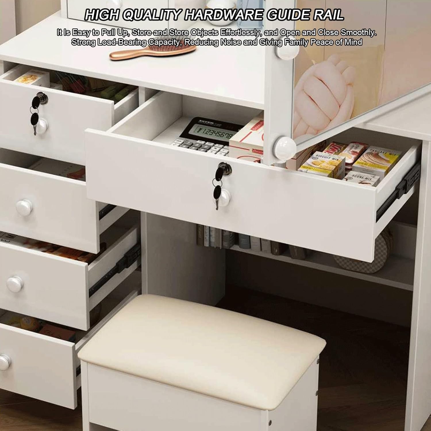 Multi-layer storage rack and storage box on vanity desk