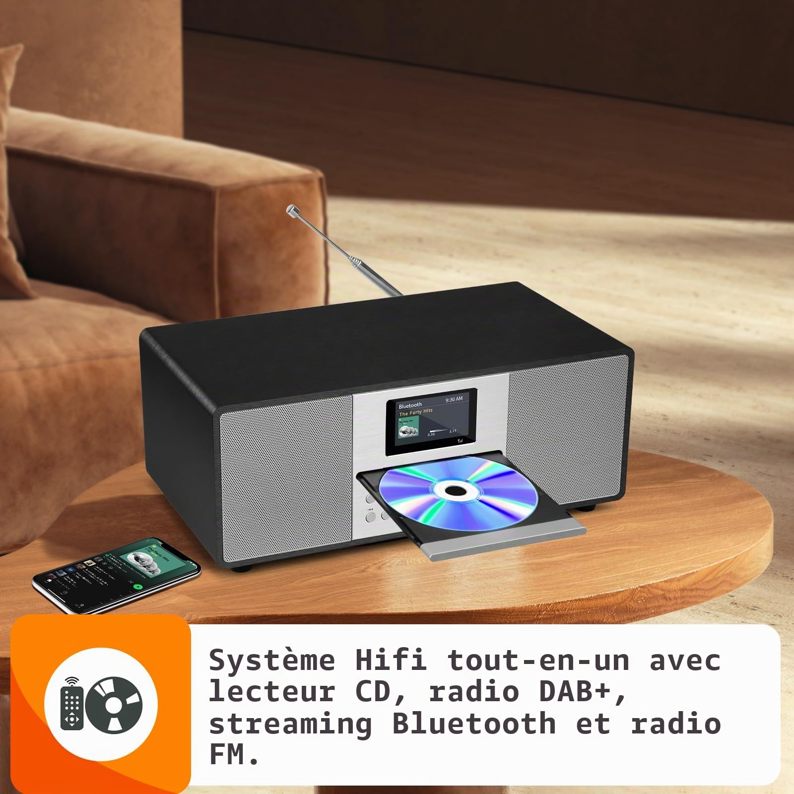 MS4 Lecteur CD Radio Dab Chaîne HiFi I Bluetooth I Puissante Chaîne Stéréo I Radio Numérique Dab+I Meuble en Bois Acoustique Lecteur CD avec Haut-parleurs, Prise Casque I Noir Métallique