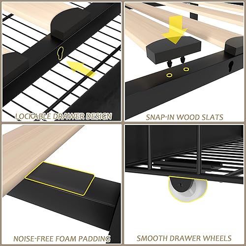 Miniatura 319 de VECELO Base de cama de tamaño matrimonial con cabecera tapizada ajustable, plataforma de listones de madera, diseño sin ruido, fácil montaje Negro