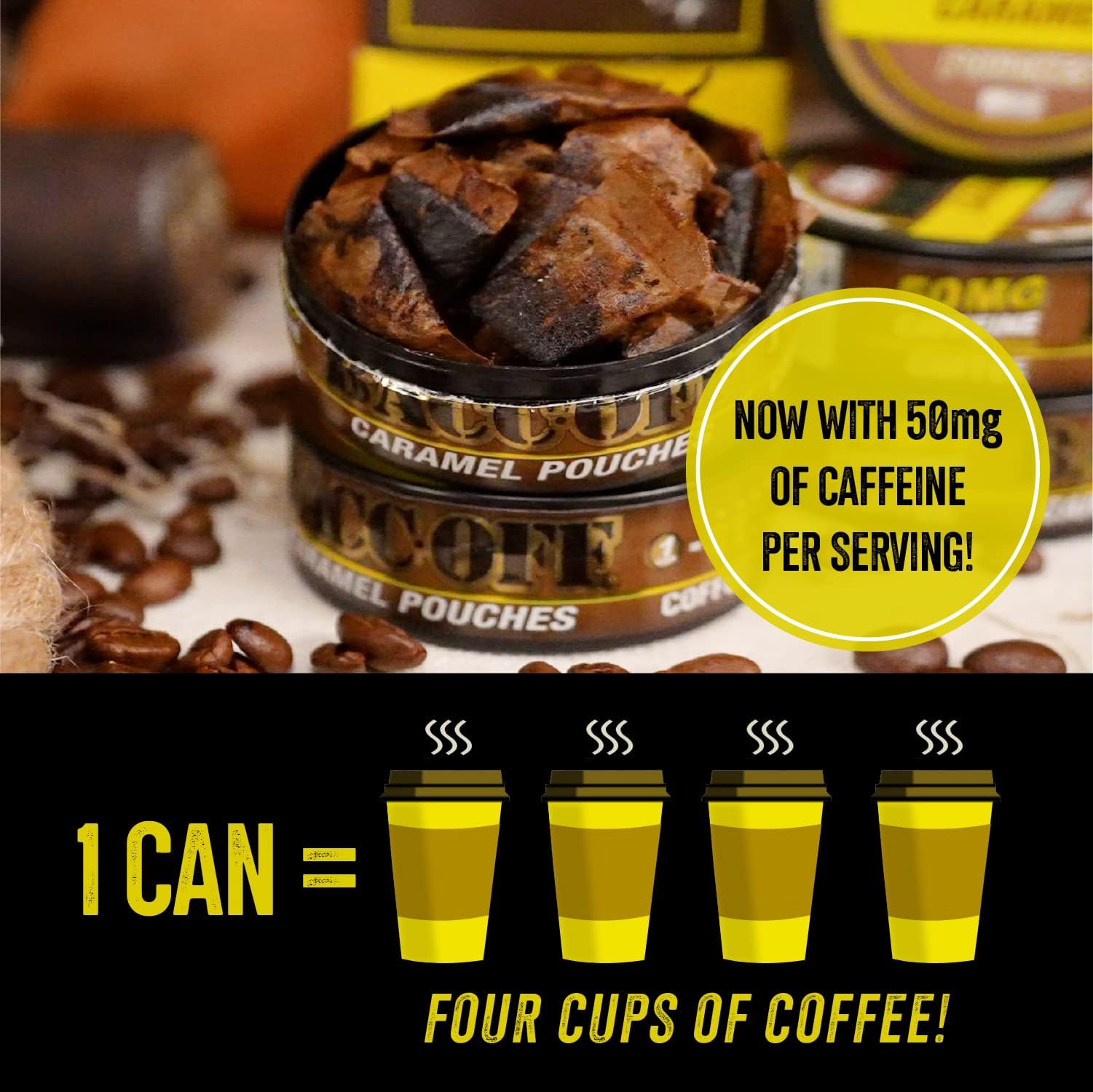 Amazon.com : 1 Can, BaccOff, Premium Flavored Caramel Coffee Pouches with  50 MG of Caffeine Per Serving, No Tobacco Dip, No Nicotine Smokeless  Alternative Snuff : Health & Household