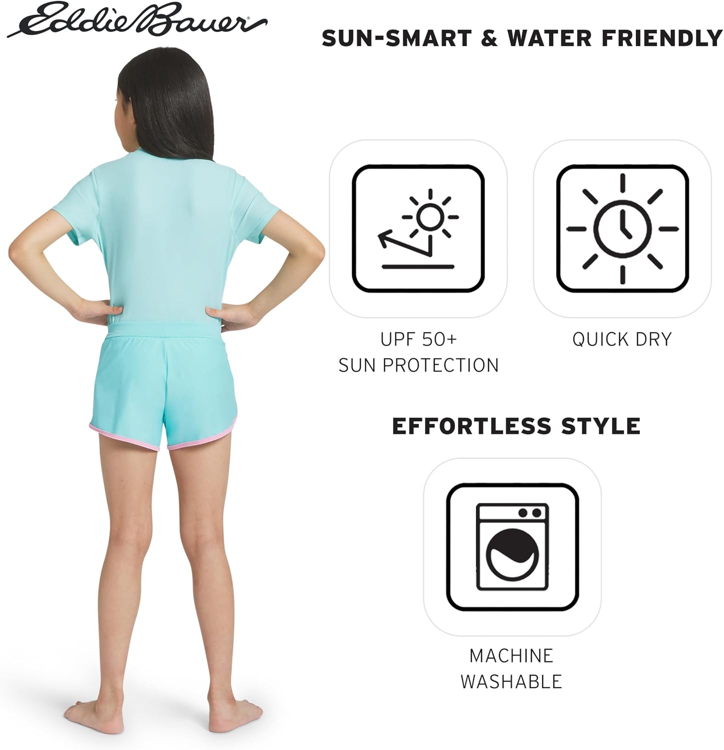 Eddie Bauer Girls' UPF 50+ Rash Guard Sun Tee Shirt and Swim Short Set