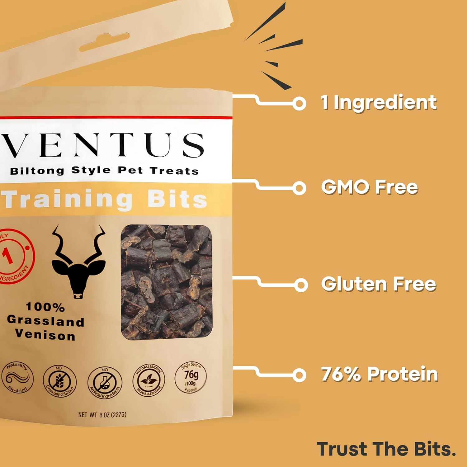 VENTUS Jerky Training Bits - Single Ingredient High Protein Venison Dog Training Treats, Grain-Free, Air-Dried Training Treats for Dogs 8 oz