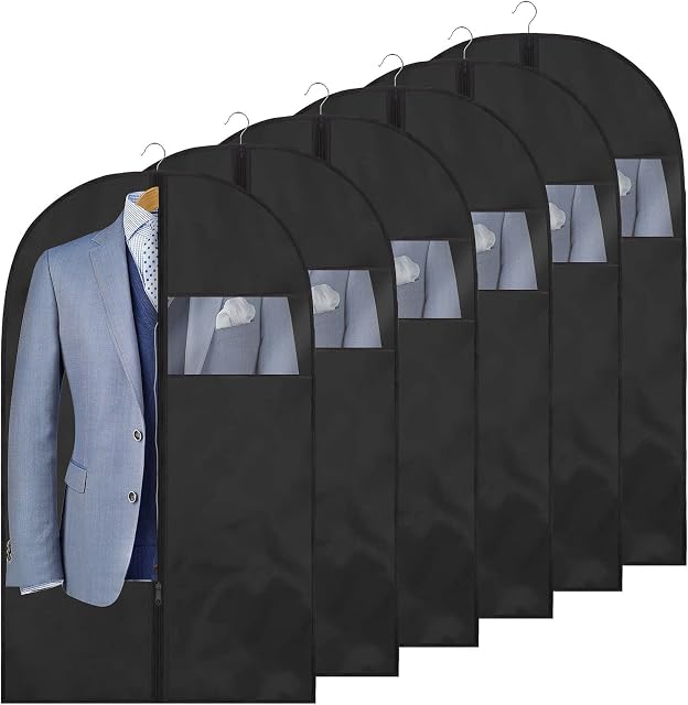 6 Pack Garment Bags, Breathable Dress Bags Coat Suit Clothes Bags Cover for Storage with Clear Window Dust Proof Clothes Protector for Suit, Coat, Jacket, Dress Closet Storage