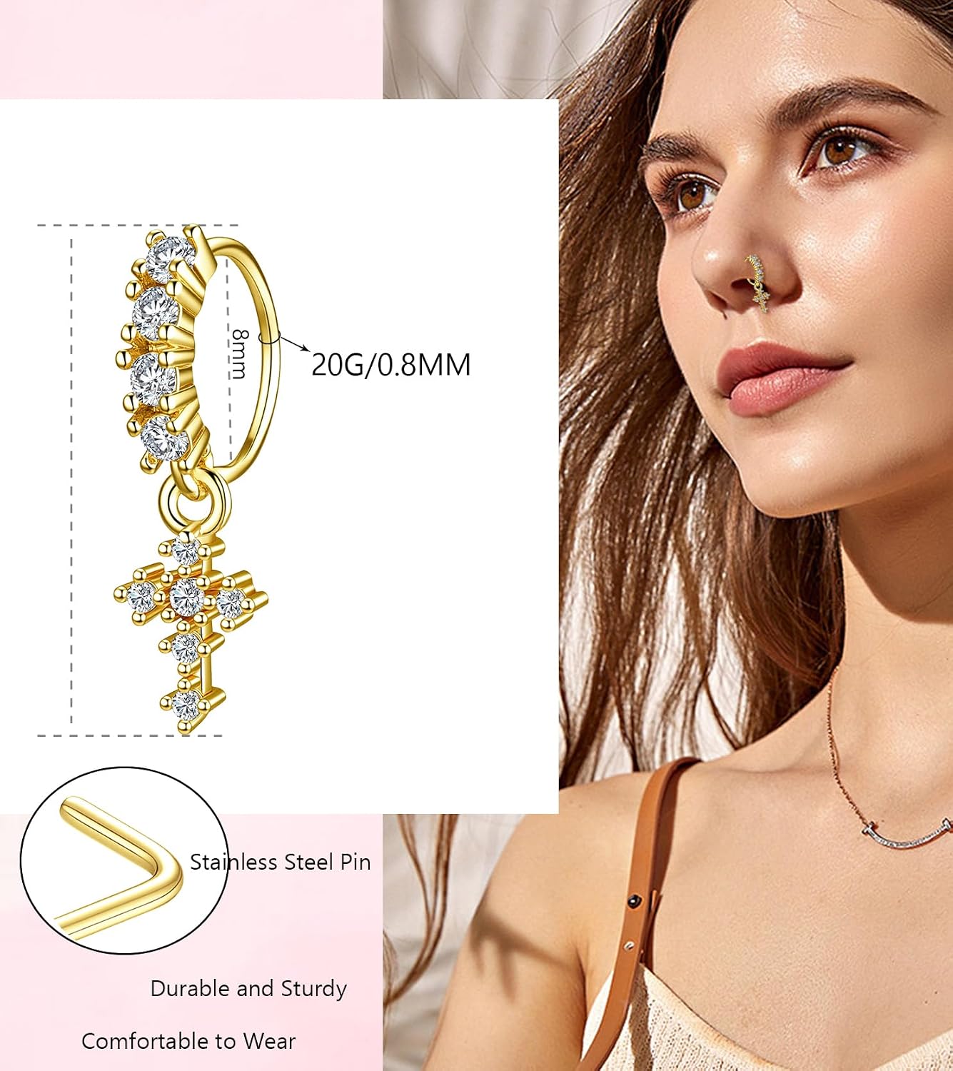 20Pcs Gold/Silver Dangle Nose Ring L Shaped Dangling Nose Stud Stainless Steel Nose Ring Studs CZ Cross Heart Snowflower Butterfly Moon Flower Dangle Nose Rings Hoops Nose Piercing 20G for Women