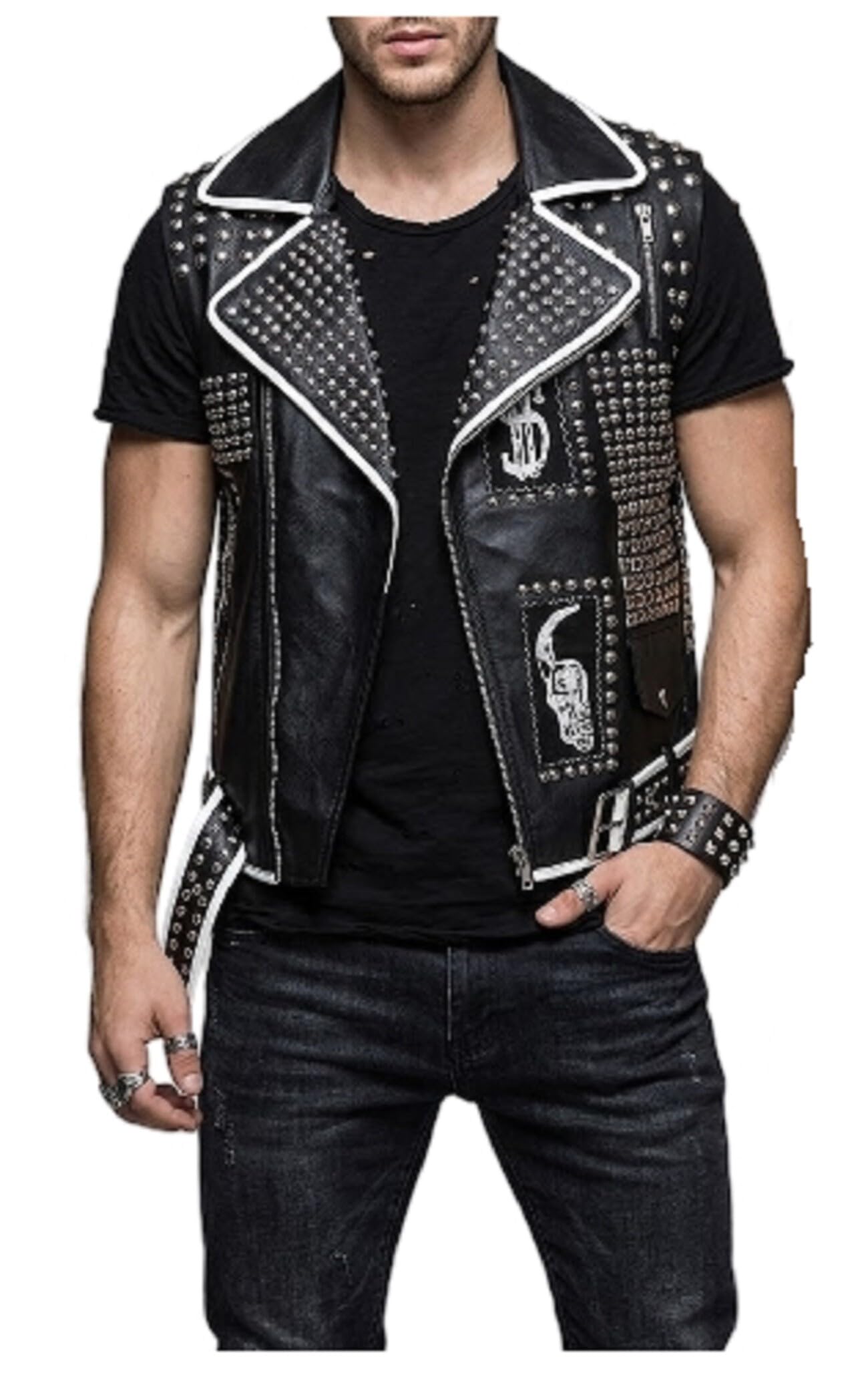 HF, gilet da motociclista da uomo, stile punk rock, in pelle di alta qualità, con borchie e teschi