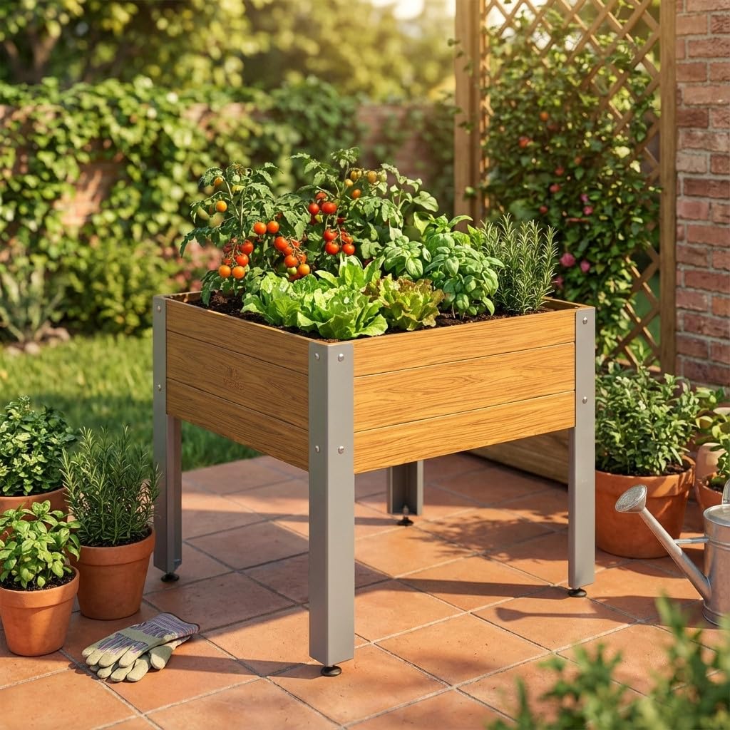 Suinga Mesa DE Cultivo Acero Galvanizado Efecto Madera. Largo 72cm x Ancho 72cm x Alto 65cm. Modelo Amsterdam Fabricado con Productos Capacidad para 134 litros sustrato o abono.