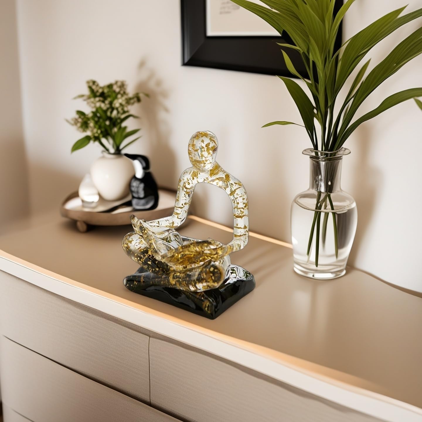 XINXUAN Resin Abstract Sculpture, Meditation & Reading Posture, Modern Home Decor Decor for Desk/Shelf, Art Statue (Think - Gold Foil Color) (Reading - Gold foil Color)