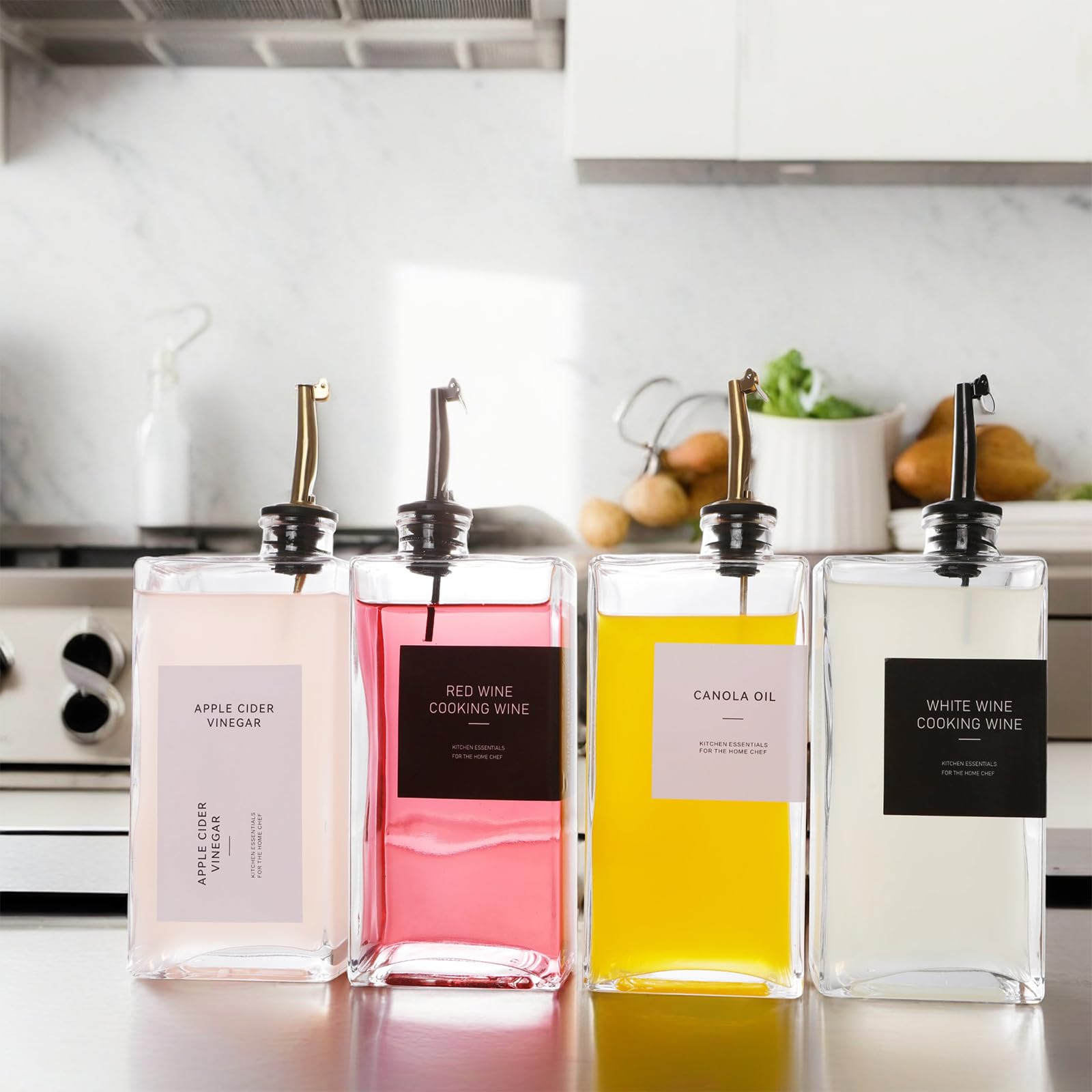 Hniuyun Lot de 4 bouteilles d'huile pour cuisine, 500 ml, distributeur d'huile d'olive, de vinaigre et de sirop de café avec bec anti-goutte, étiquettes étanches et entonnoir en silicone, doré