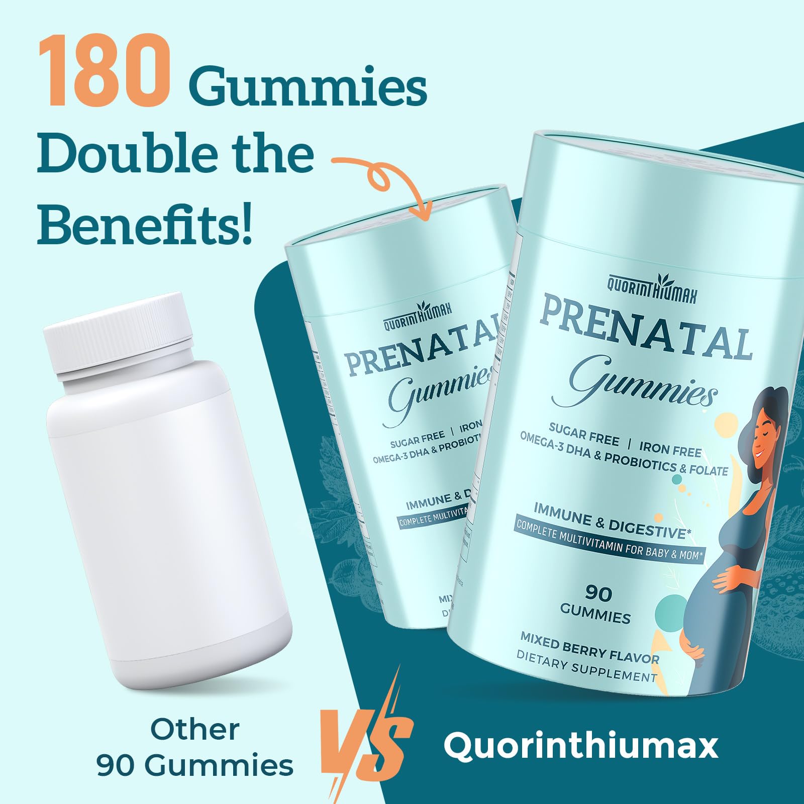 Quorinthiumax Prenatal Gummies Sugar Free 90 Count - Organics Prenatal Vitamins for Women with Folate, DHA & Probiotics - Iron Free Prenatal Vitamin Gummies for Immune & Digestive - 1 Bottle — Amazon image 5