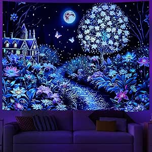 Dremisland Levensboom Wandtapijt Blacklight Tapestry UV Reactief Zwart Licht Poster Kleurrijke Achtergrond Esthetische Zon en Maan Tapijt Muur Opknoping Slaapkamer Woondecoratie (L/58 X79, Magic