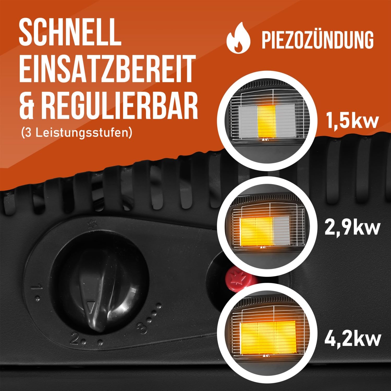 Gasheizung 4200 Watt Heizstrahler, schwarz | Gasofen mit Keramik Gasheizer, inkl. Gasdruckregler und Gasschlauch, Infrarot Keramikbrenner