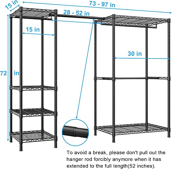 Ulif E10 Heavy Duty Clothes Rack Freestanding Expandable Clothes Rack with 6 Shelves and 4 Hanger Rods, Portable Closet Wardrobe Organizer System, Fits Space 6-8 Feet, 14.5 Depth x 71.4 Height