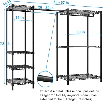 Ulif E10 Heavy Duty Clothes Rack Freestanding Expandable Clothes Rack with 6 Shelves and 4 Hanger Rods, Portable Closet Wardrobe Organizer System, Fits Space 6-8 Feet, 14.5 Depth x 71.4 Height