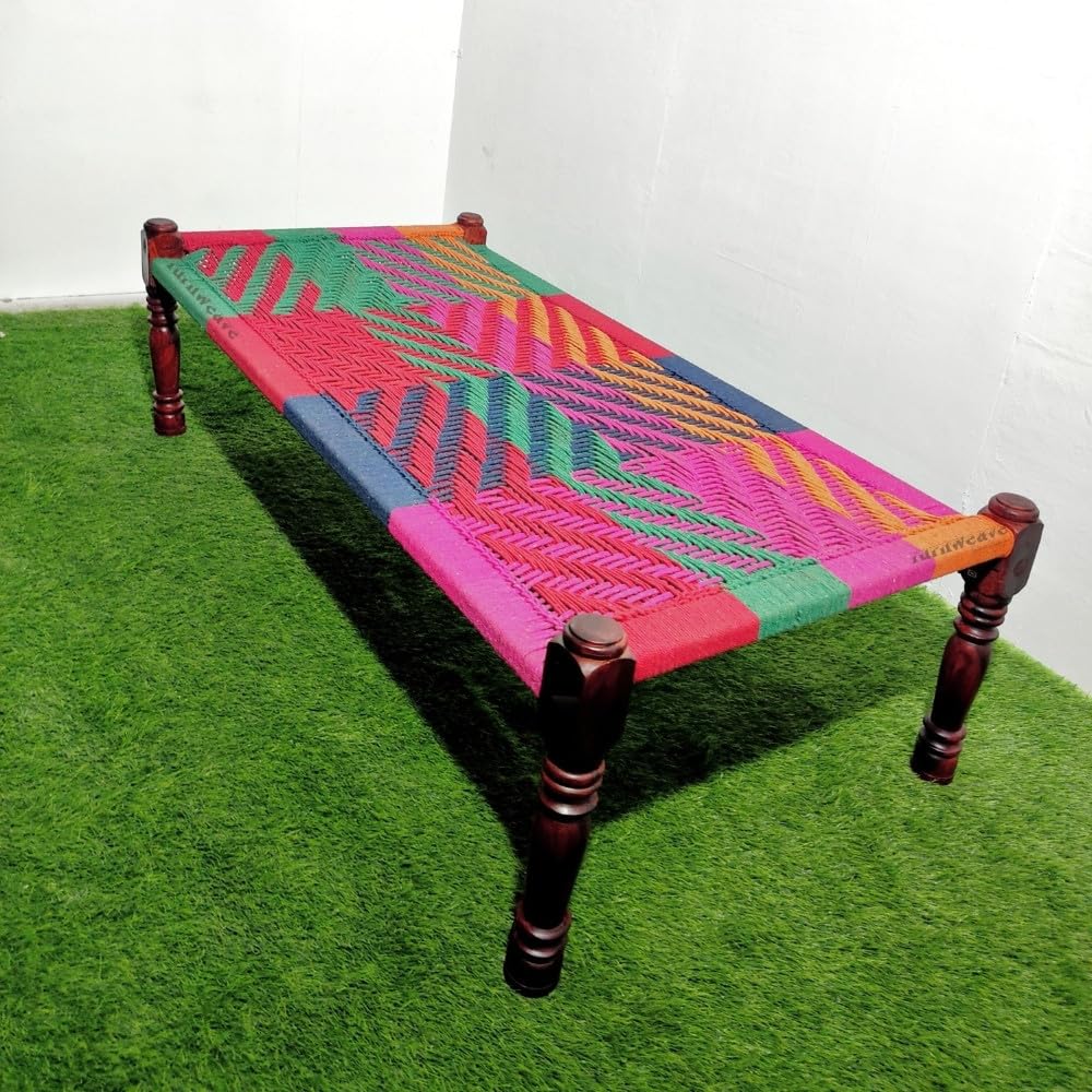 FURNWEAVE Solid Sheesham Wood Handmade Rajasthani Charpai | Cotton Rope Khatiya Charpai Single Bed Without Storage | Wooden Cot Bed | Khatiya-Khaat | 6X3 Feet, Color - Colorful (Purple-Multi)