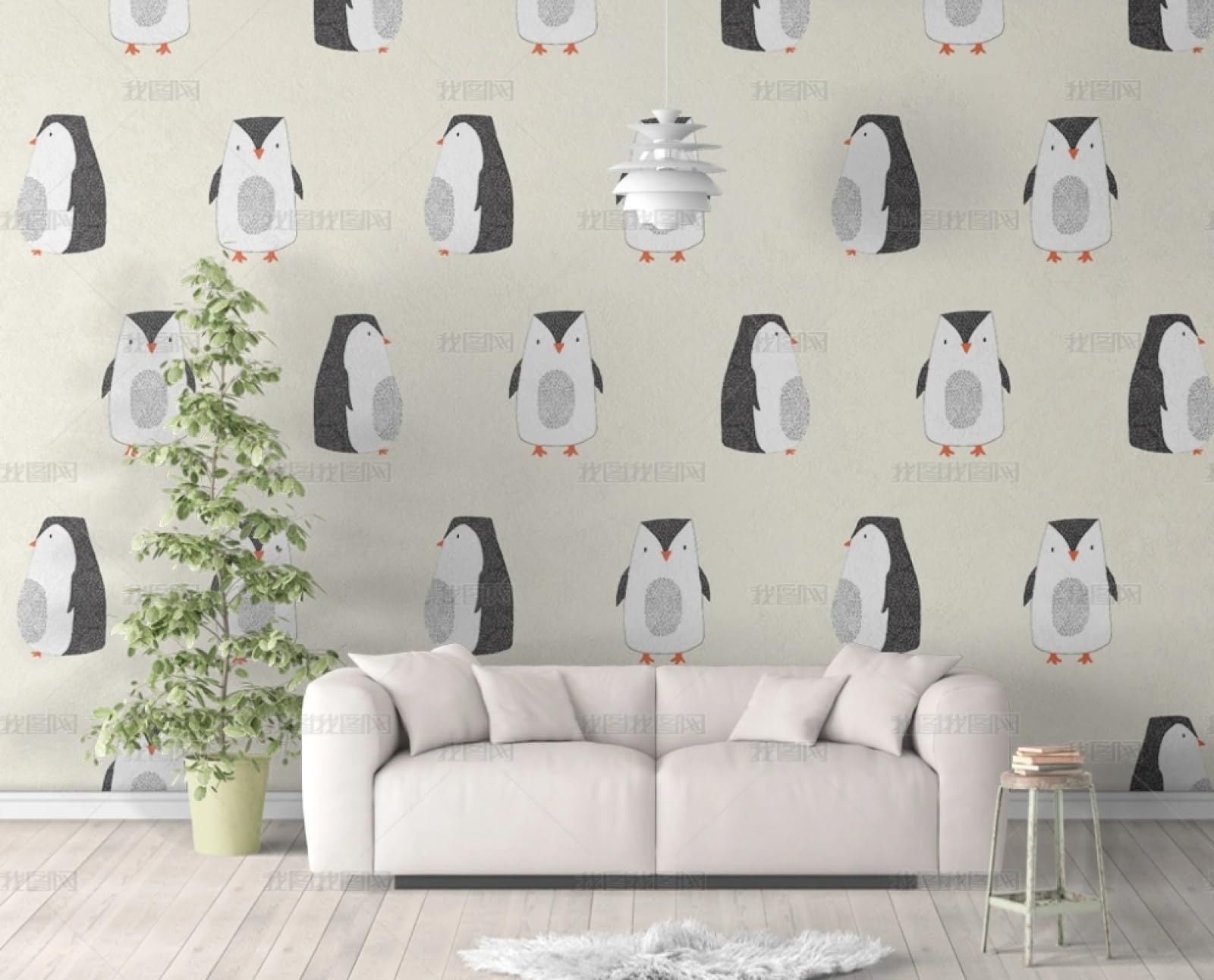 Papier peint autocollant pingouin pour rénover un mur abîmé