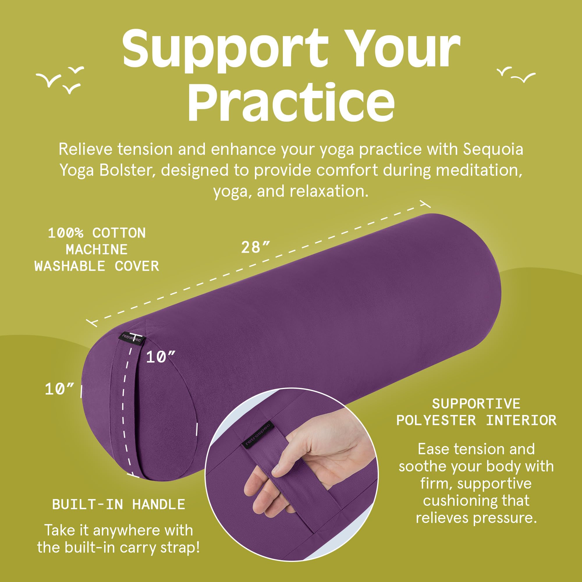 Traversin De Yoga Retrospec Sequoia – Rond, Housse Coton Lavable, Poignée, Pour Méditation Et Relaxation (71 X 25 Cm)