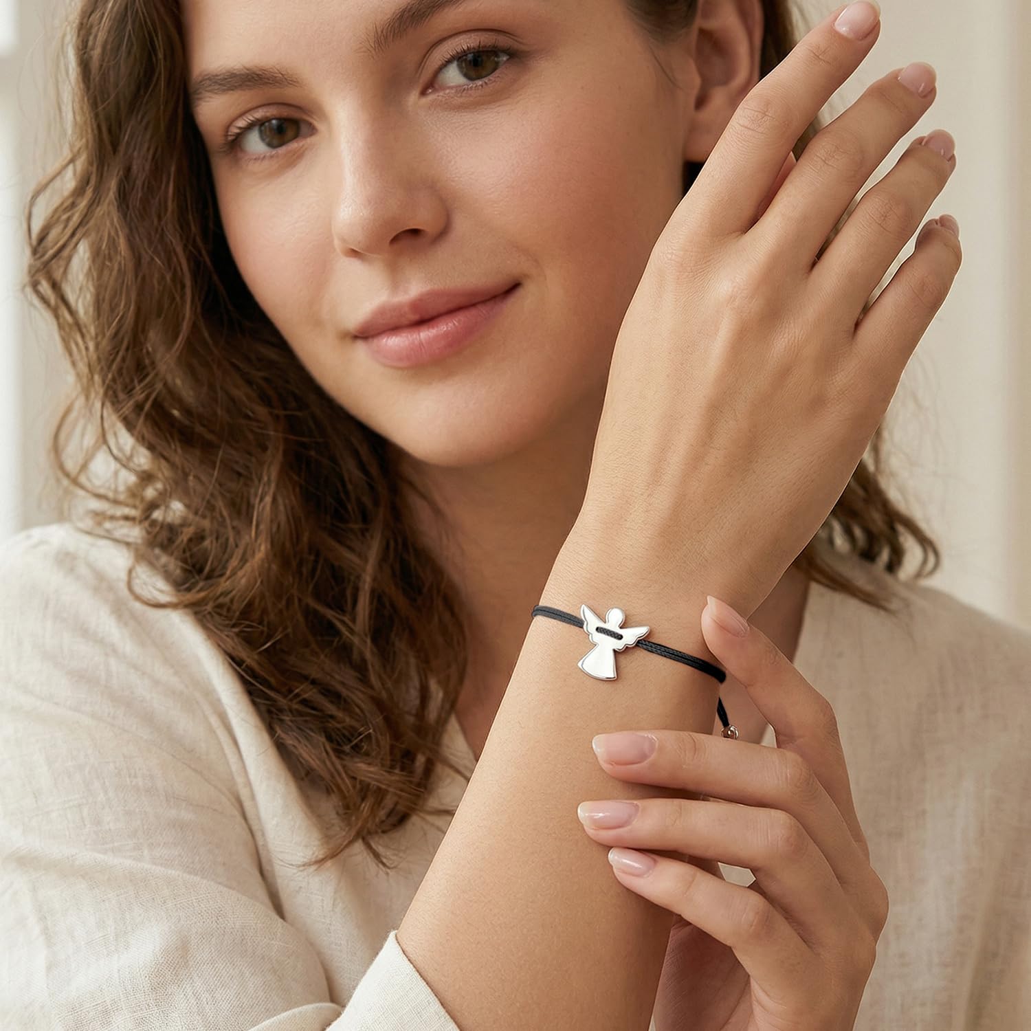 Bracciale Angelo Custode per Uomo e Donna, Braccialetto Portafortuna in Corda Intrecciata Nera, Regalo di Amicizia, Regolabile