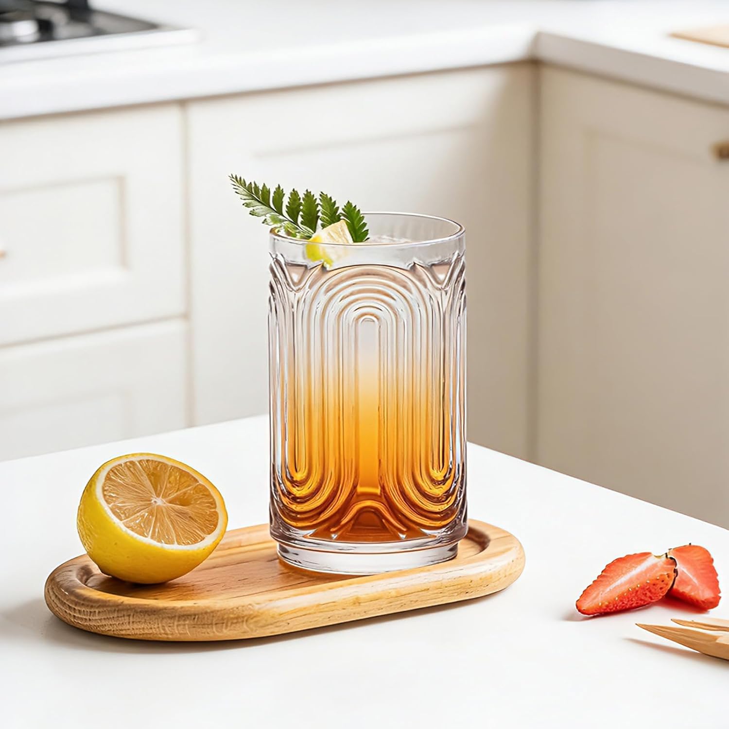 INSETLAN Set of 6 Vintage Glassware - 14 oz Water Drinking Glasses, Art Deco Ripple Glass Cup, Cocktail Glasses, for Bar Beverages Ice Coffee Juice, Housewarming Presents, New House Essentials - Image 6