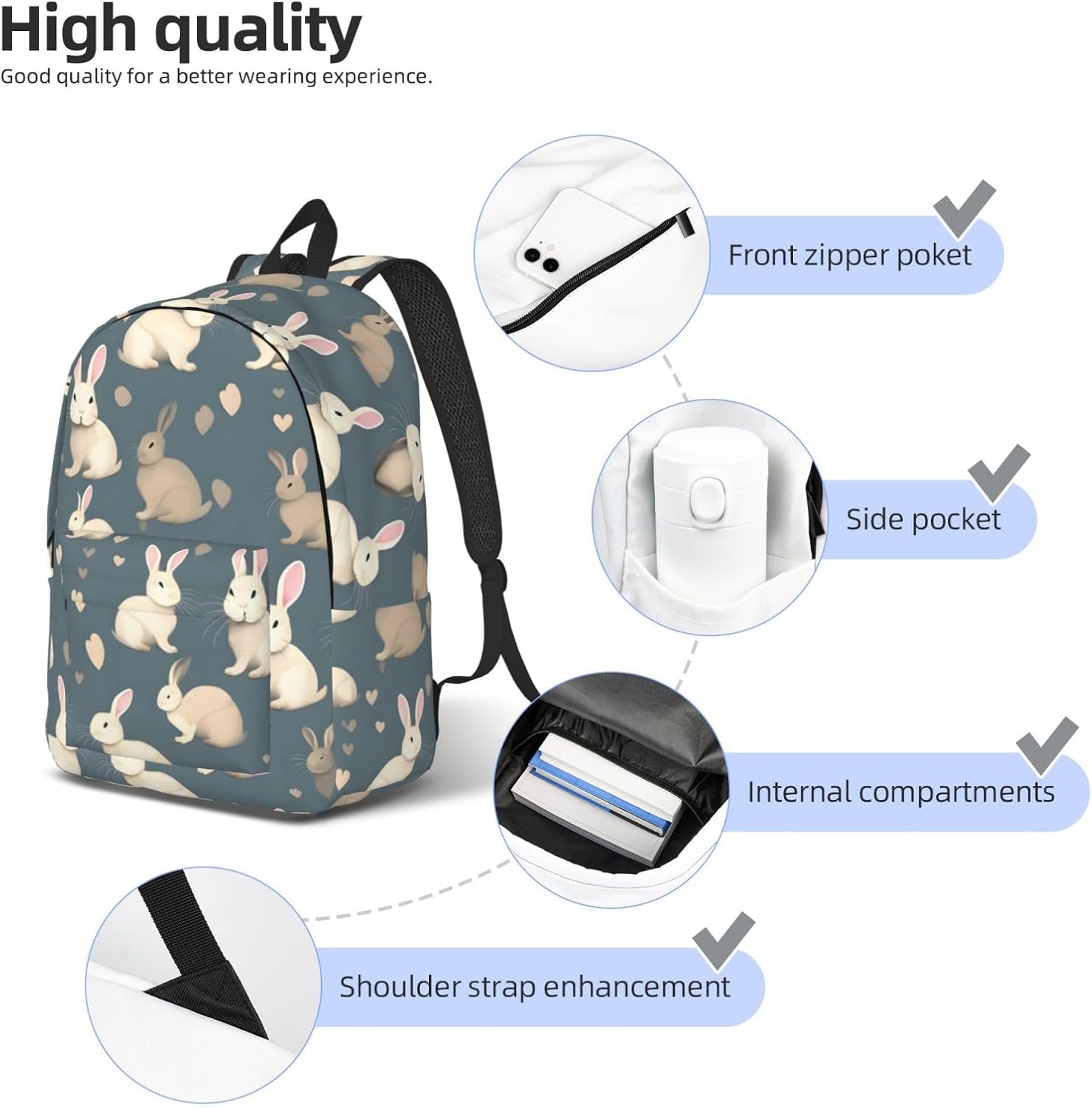 Rabbit Background Print Canvas Laptop Backpack Outdoor Casual Travel Bag Daypack Book Bag For Men Women