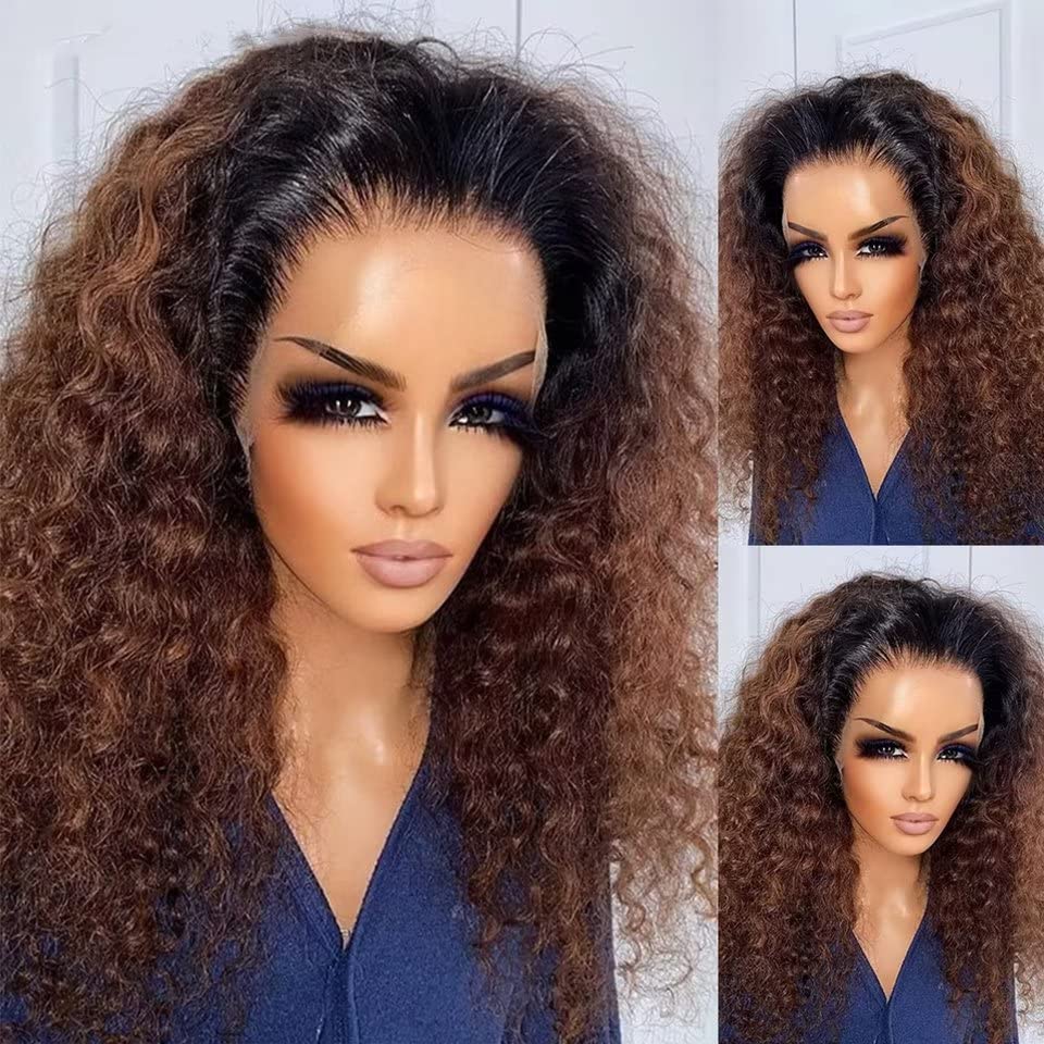 Afro Kinky Curly Human Hair Wigs Women Brown Lace Front Wig 13X4 Human Hair Wigs Ombre Blonde Curly Wig Pre Plucked With Baby Hair Bleached Knots HD Transparent Lace Colored Wig 22"