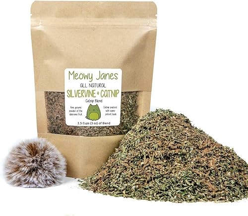 Meowy Janes 2.5 tazas de mezcla natural de hierba gatera Silvervine con juguete, bolsa de valor