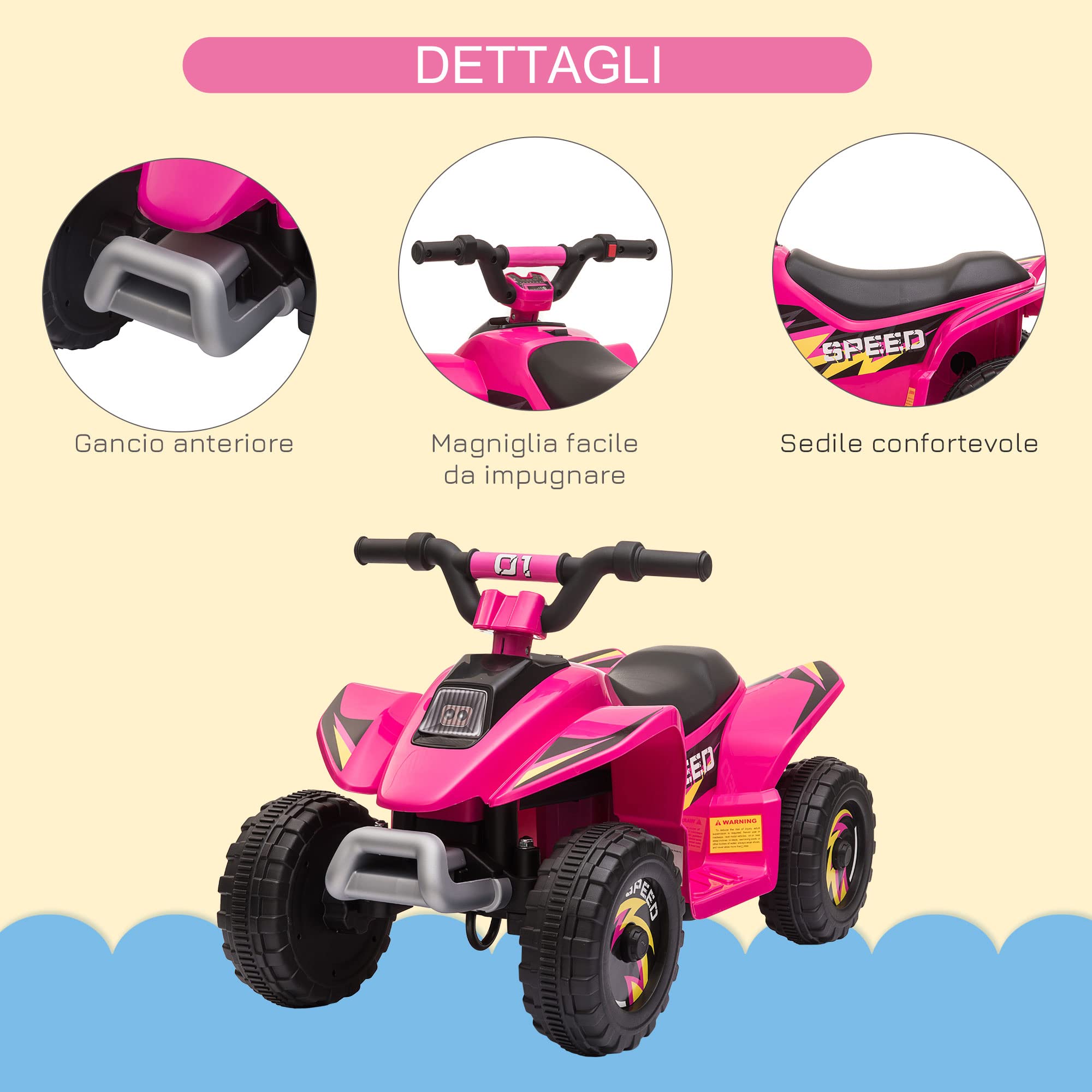 HOMCOM Quad Elettrico per Bambini da 18-36Mesi con Batteria Ricaricabile 6V, Velocità 2.8-4.6km/h, Funzione Avanti e Indietro, 72x40x45.5cm, Rosa
