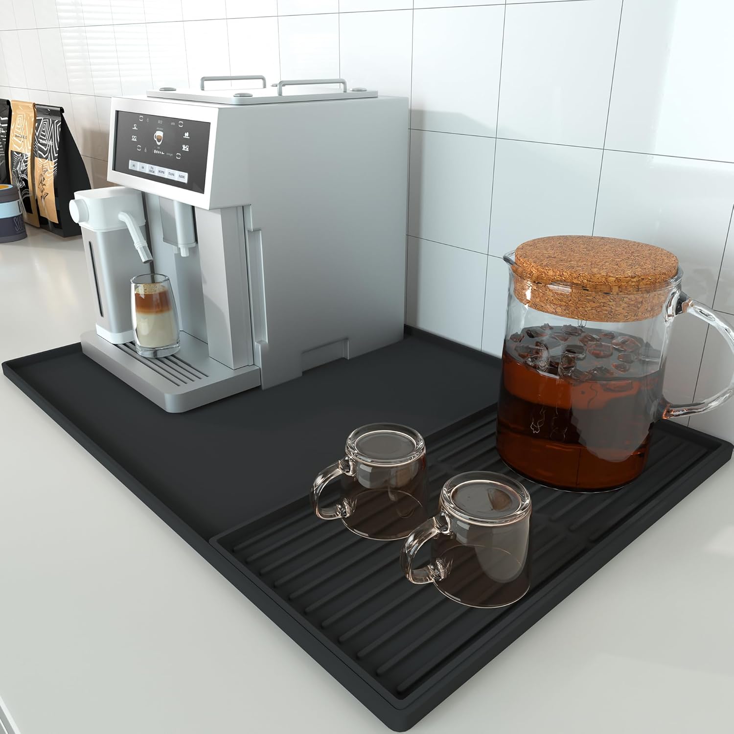 Golener Silicone Coffee Mat Set – 24″ x 16″ Coffee Bar Mat for Countertop, Coffee Station Pad Accessories Fit Under Coffee Maker Espresso Machine, Dish Drying Mat, Heat Resistant Kitchen Gadget, Black