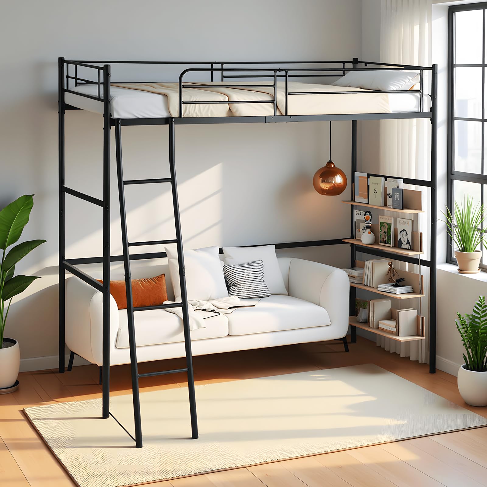DORAFAIR Lit Mezzanine 1 Place Lit Superposé en Métal per Matelas de 90 x 200 CM avec Escalier pour Adultes et Enfants, Sécurité Garde-Corps et Espace Libre en Dessous, Noir