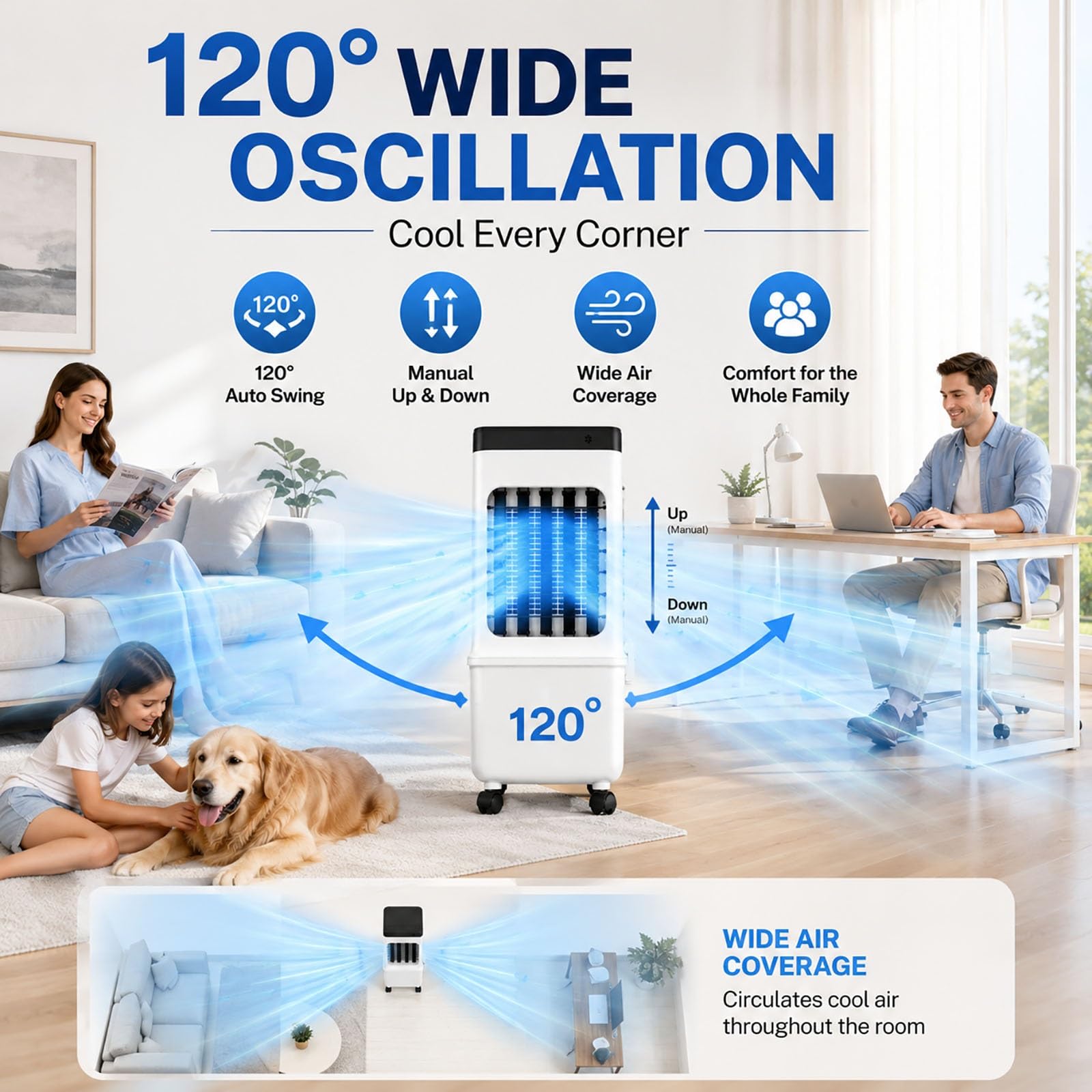 Rinfrescatore d'Aria Portatile per Casa, Raffrescatore Evaporativo 4-in-1 con Serbatoio dell'Acqua da 4L & 4 Setti Ghiaccio,Telecomando per Camera da Letto Ufficio