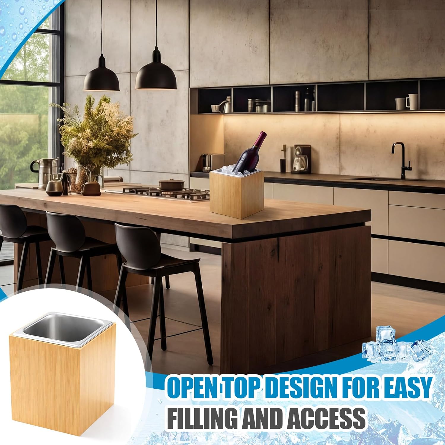 Ice Housing Bin with Removable Tray Ice Holder Container Wine Beer Champagne Drink Bucket Beverage Tub for Freezer Display Buffet Bar Counter Party Drink Chiller(Bamboo and Steel,7.9" X 7.7" X 7.23")