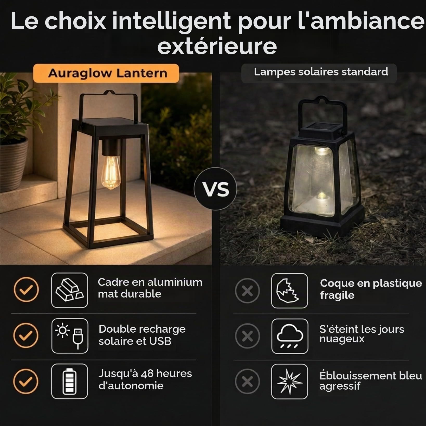 Auraglow Lanterne de Jardin Solaire et USB, Ampoule Filament Vintage | Lampe de Table Sans Fil Rechargeable, 48h d'autonomie, option Crépusculaire, aluminium noir mat, lueur rétro LED